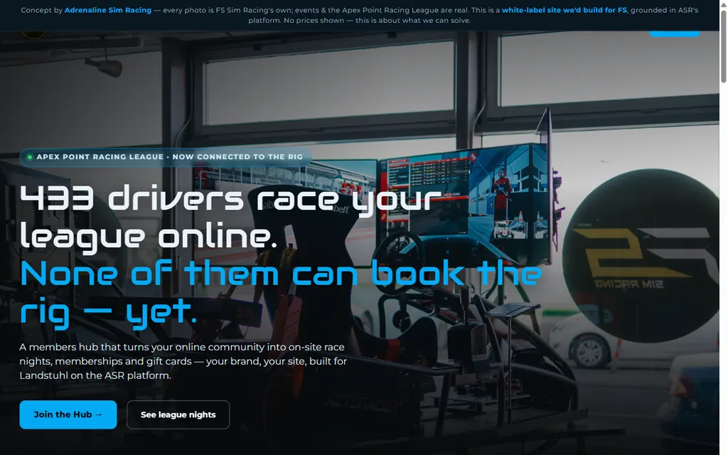 A 433-driver league hub — live platform build