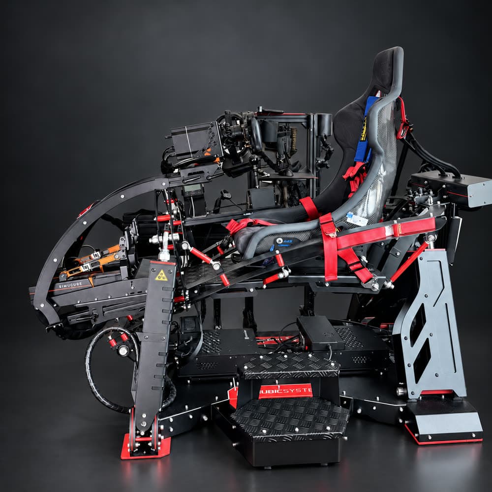Full-motion sim racing rig, side profile