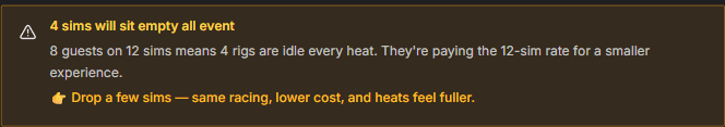 Quote builder warning that eight guests on twelve simulators leaves four rigs idle every heat, advising the operator to sell fewer rigs for a lower cost