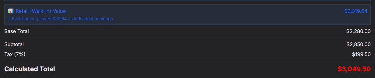 The same quote at four hours, with every total recalculated
