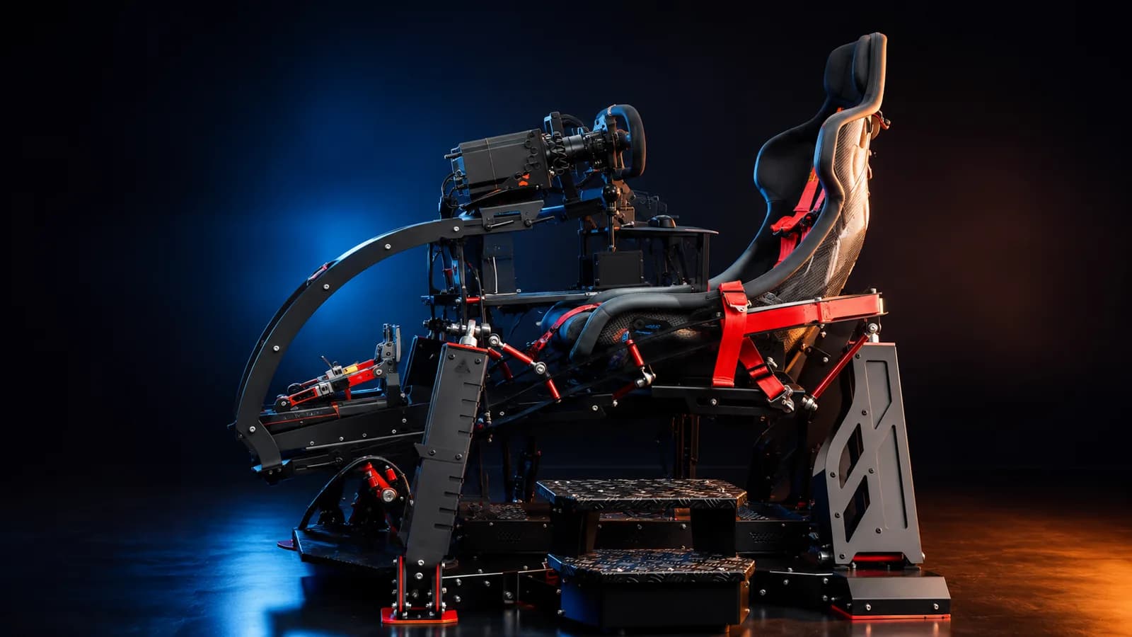 Direct-drive sim racing cockpit rig detail
