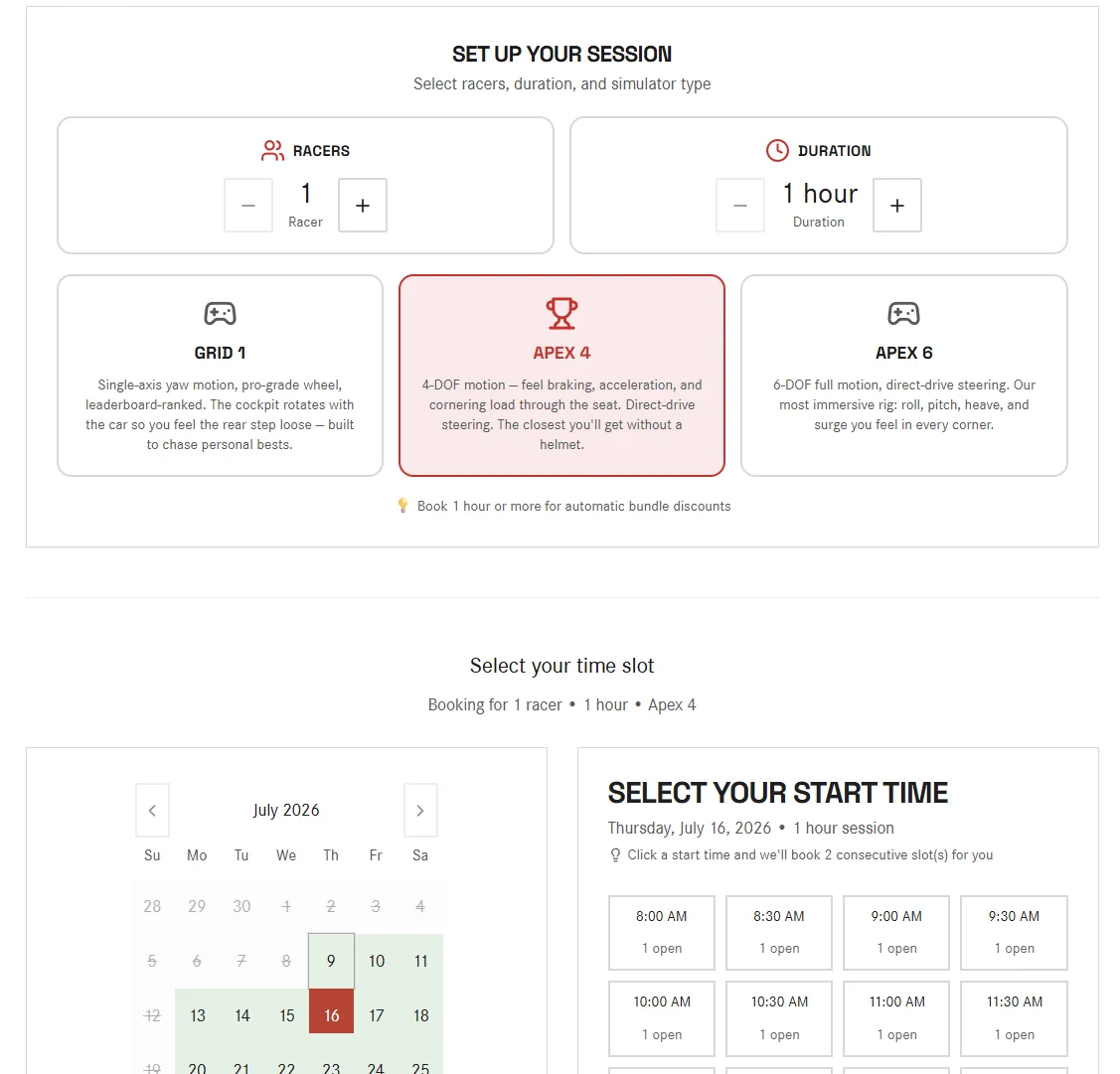 Real-time booking tied to your rigs — live product screenshot