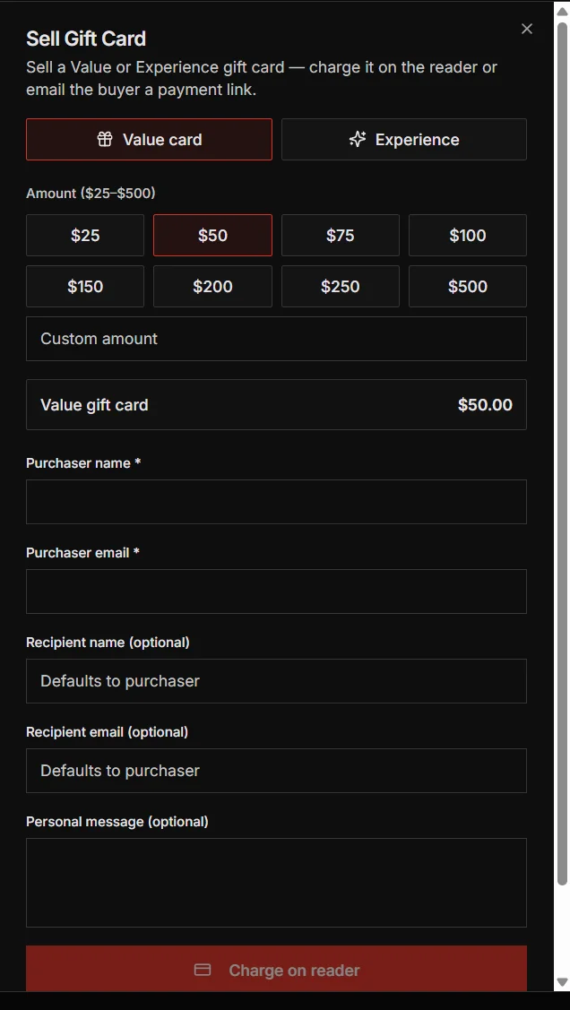 Memberships & gift cards — live product screenshot